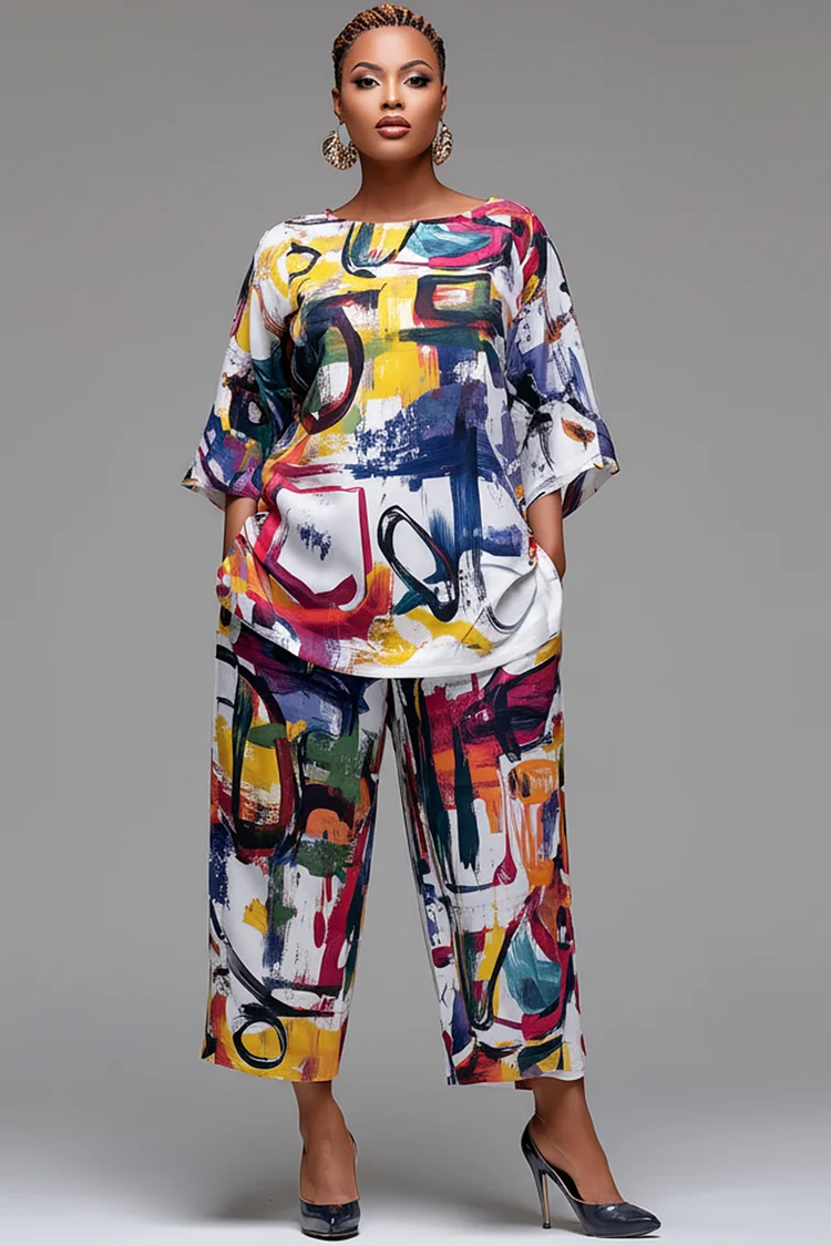 Xpluswear Design Plus Size Vacation Multicolor All Over Print Round Neck Flare 3/4 Sleeve Pocket Two Piece Pant Sets 2024 - Xpluswear