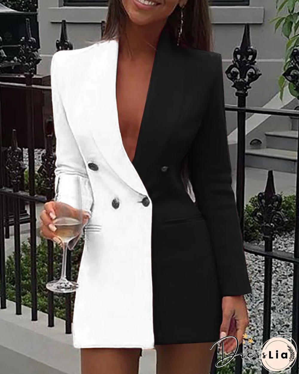 Women Office Dress Colorblock Patchwork Long Sleeve Blazer Dress Sexy Deep V Neck Button Design Casual Mini Dress Workwear