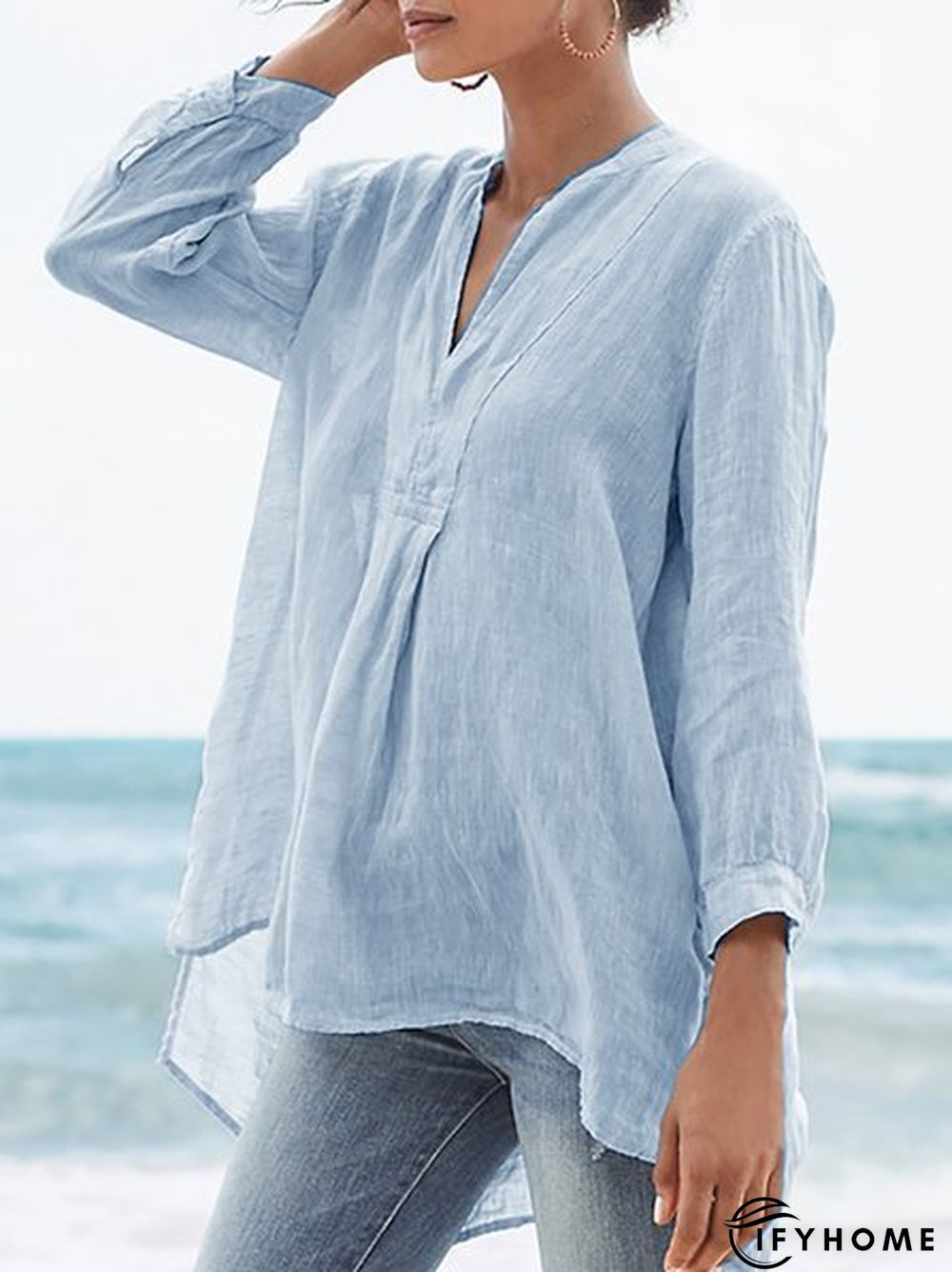Solid V Neck Casual 3/4 Sleeve Plus Size Shirts | IFYHOME