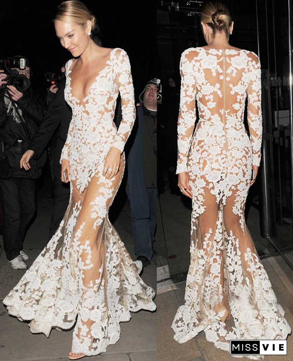 White Lace Embroidered Sheer Mesh Mermaild Formal Gowns Dress