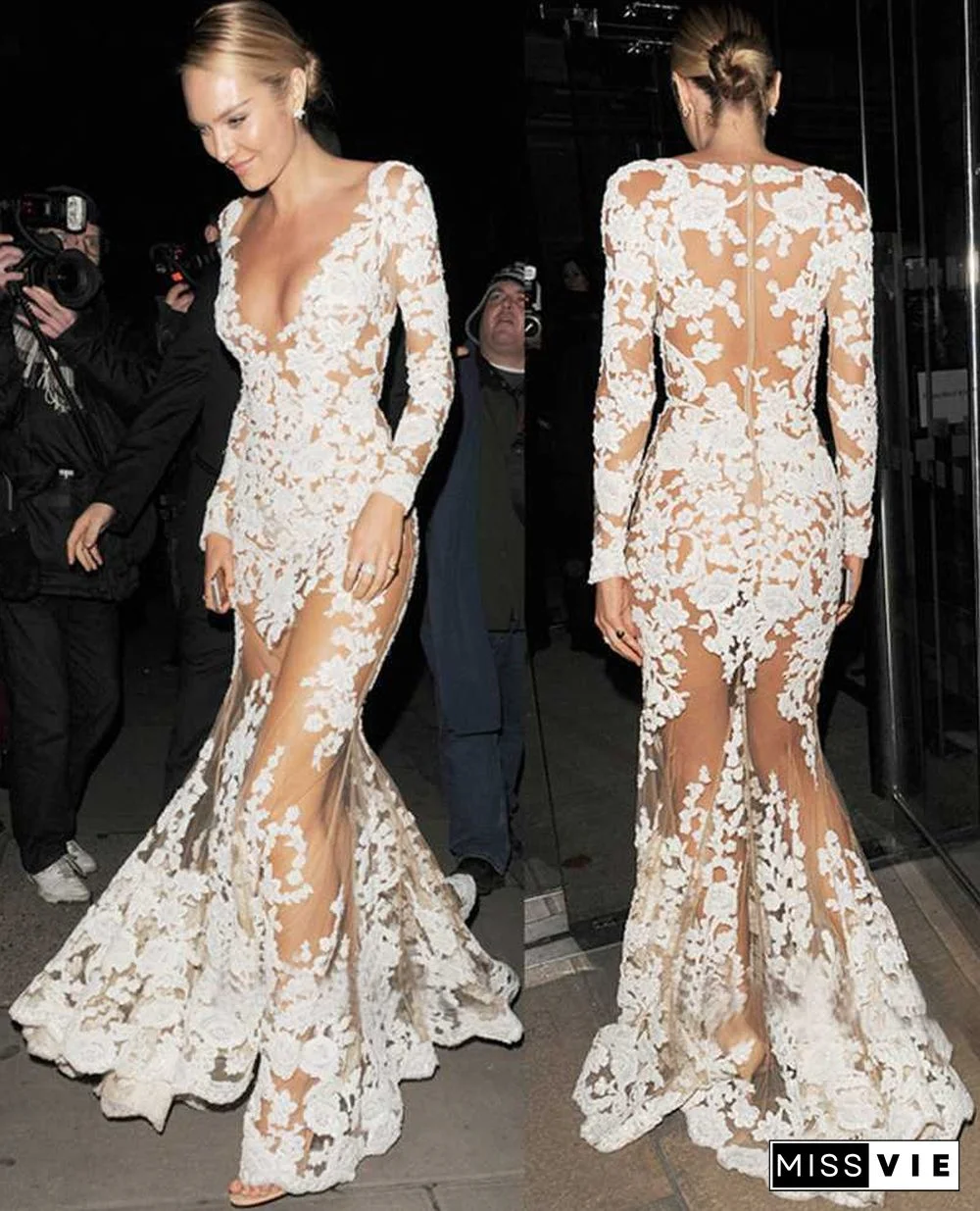 White Lace Embroidered Sheer Mesh Mermaild Formal Gowns Dress