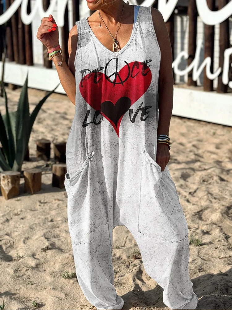 Peace Love Pattern Hippie Art Print Casual 100% Cotton Wide Leg Jumpsuit