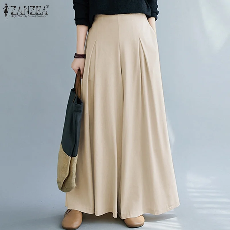 ZANZEA Women Elastic Waist Wide Leg Pants Loose Autumn Trousers Culottes Elegant Office Ladies Casual Palazzo Work Pantalon