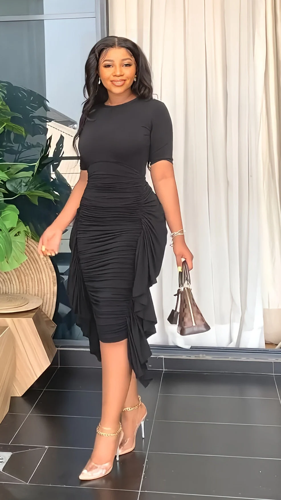 Summer Slim Ruffle Dress Women Fashion Casual Pure Round Neck Short Sleeve Pleated Ruffle Slim Tshirt Dress Women