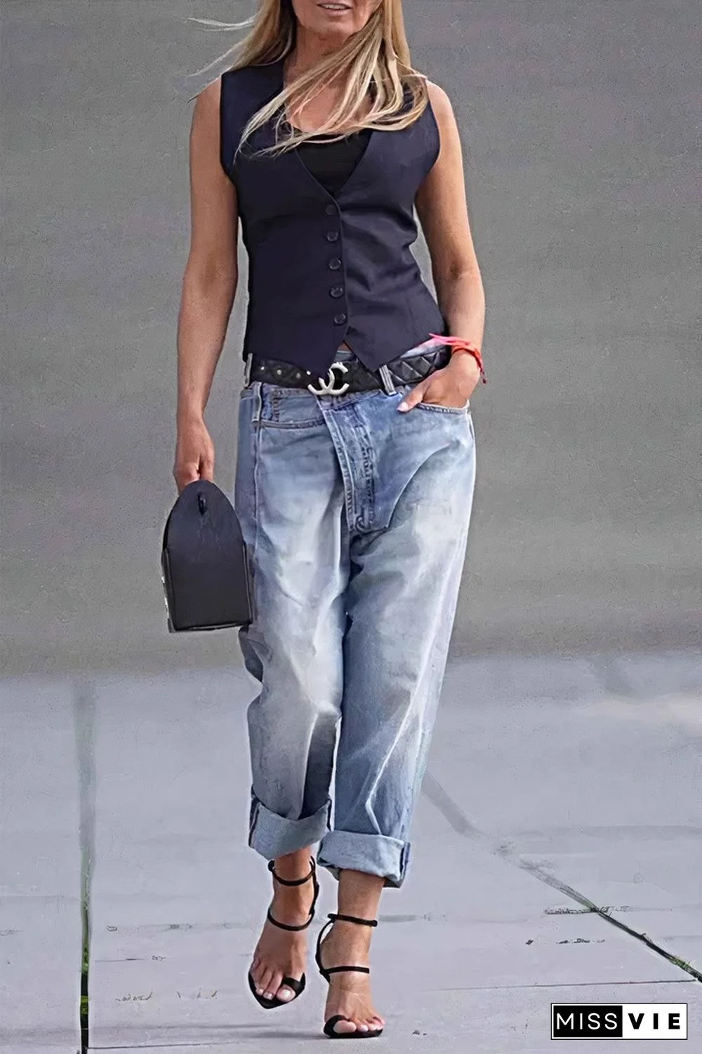 Asymmetrical Waist Mid Rise Straight Leg Jeans Without Belt