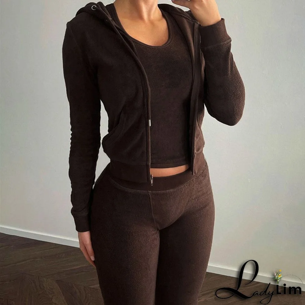 Fall Women's Fashion Hooded Zip Slim Fit Casual Sports Cardigan 2PC Set