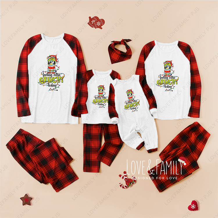 Feeling Extra Grinchy Today Bluey Buffalo Plaids Family Pajamas Sets(White)