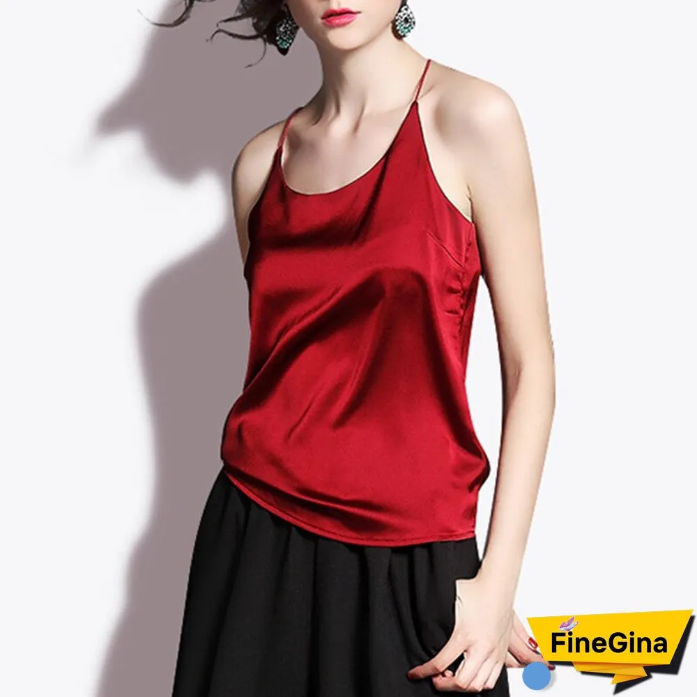 Christmas Gift Silk Crop Top Summer Women Tank Top Sleeveless Shirt Bustier Sexy O-Neck Halter Vest Bralette Blouse Cami Black White Red