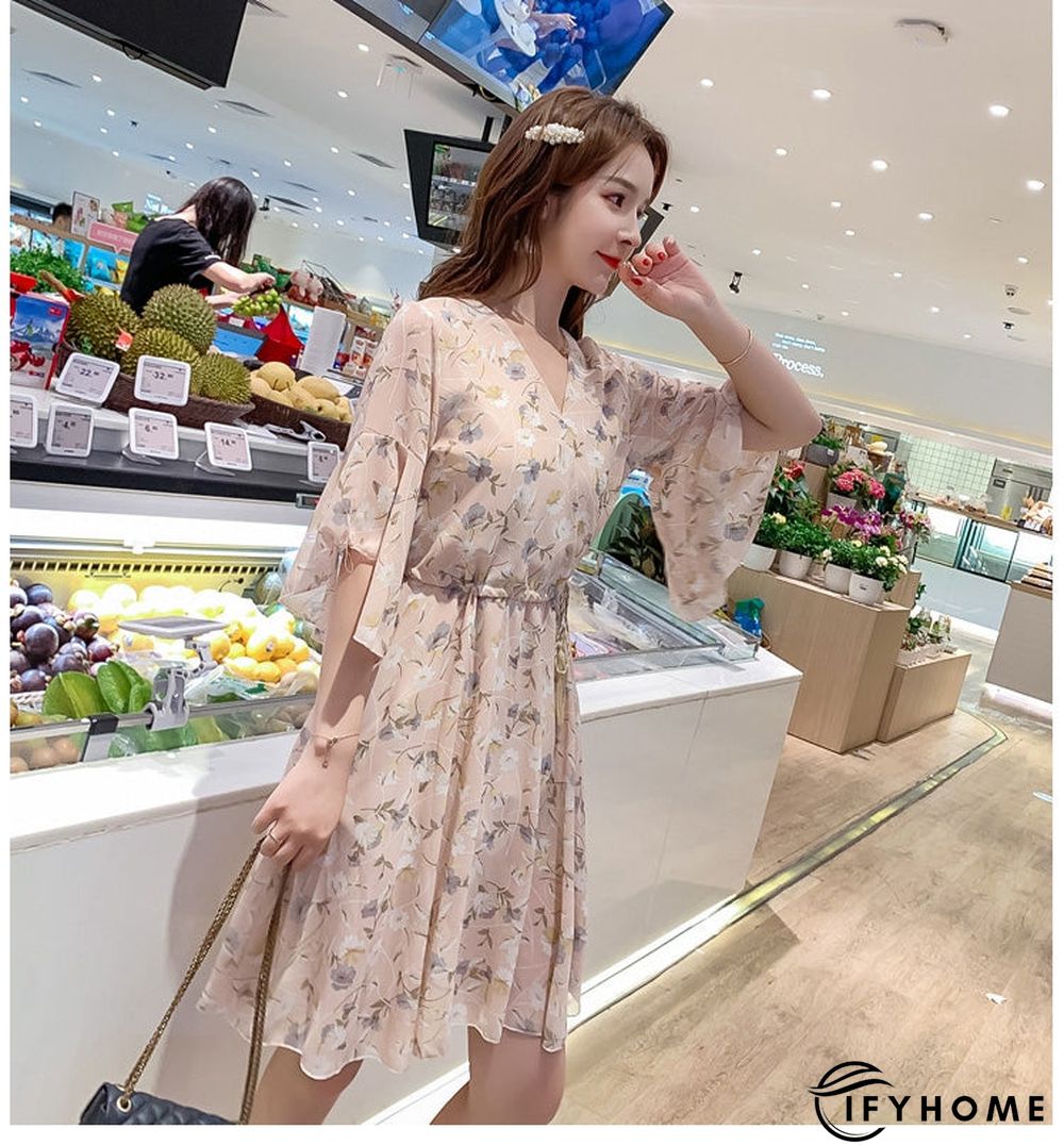 Spring Summer Chiffon Women V-Neck Floral Print Short Dresses Sweet Ruffle Sleeeve Slim Drawstring Ladies Dress | IFYHOME
