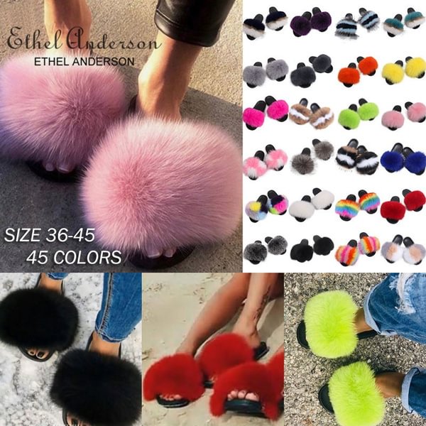 Fashion Cute Women Fluffy Fur Slides Slippers Comfortable Real Fox Fur Slides Indoor Outdoor Flat Sandals Flip Flops Multicolor - Shop Trendy Women's Fashion | TeeYours