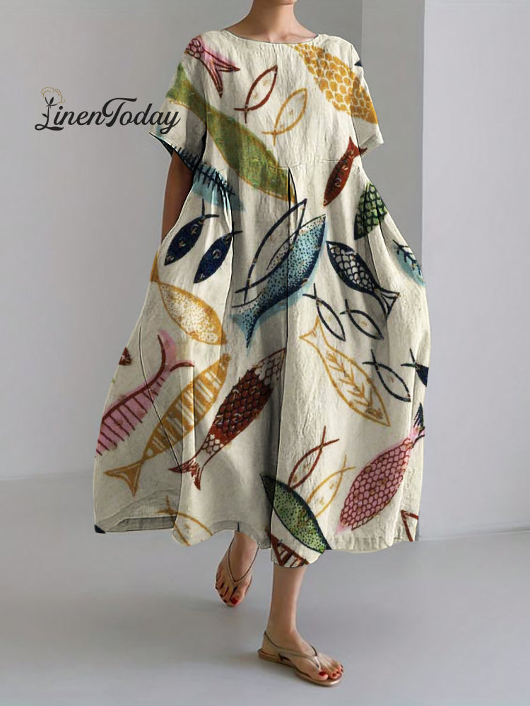 Vintage Colorful Fish Lino Art Linen Blend Maxi Dress Beige / S