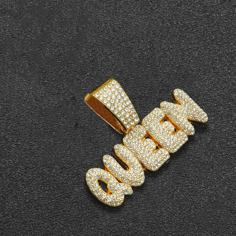 1 Men’s Diamond QUEEN Letter Hip Hop Hipster Full Diamond Hip Hop Necklace Pendant Accessories Cuban Chain