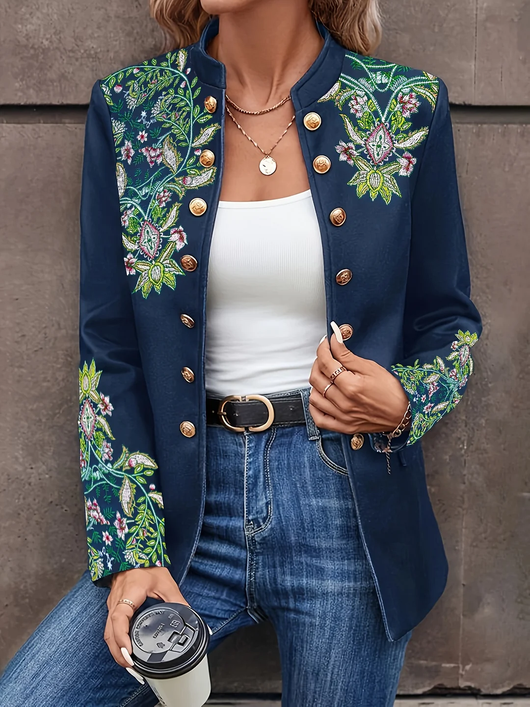 Women's Elegant Vintage Floral Jacket - Dark Blue Button-Up Coat With Golden-Tone Buttons, Structured Non-Stretch Outerwear For Spring/Fall, Office, Party, Everyday - Machine Washable Women's Blazer, Ladies Jacket, Spring Outerwear, Standup Collar | IFYHOME
