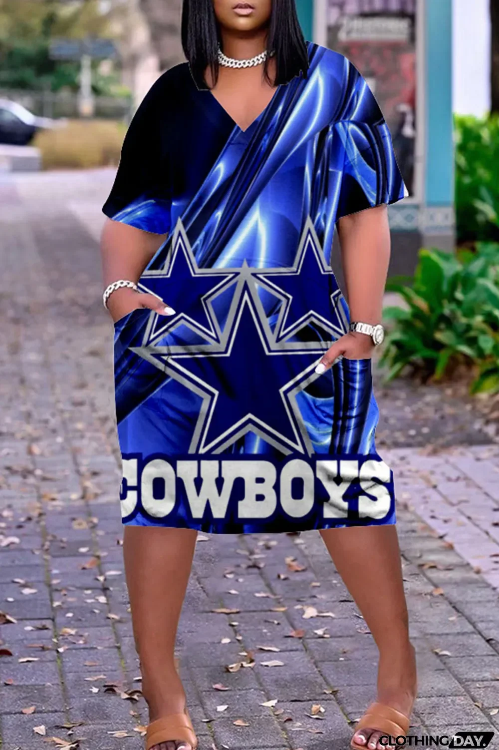 Blue White Casual Print Patchwork V Neck Straight Dresses