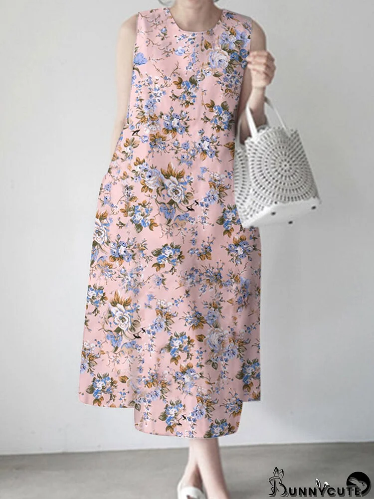 Flower Print Sleeveless Round Neck Print Dress