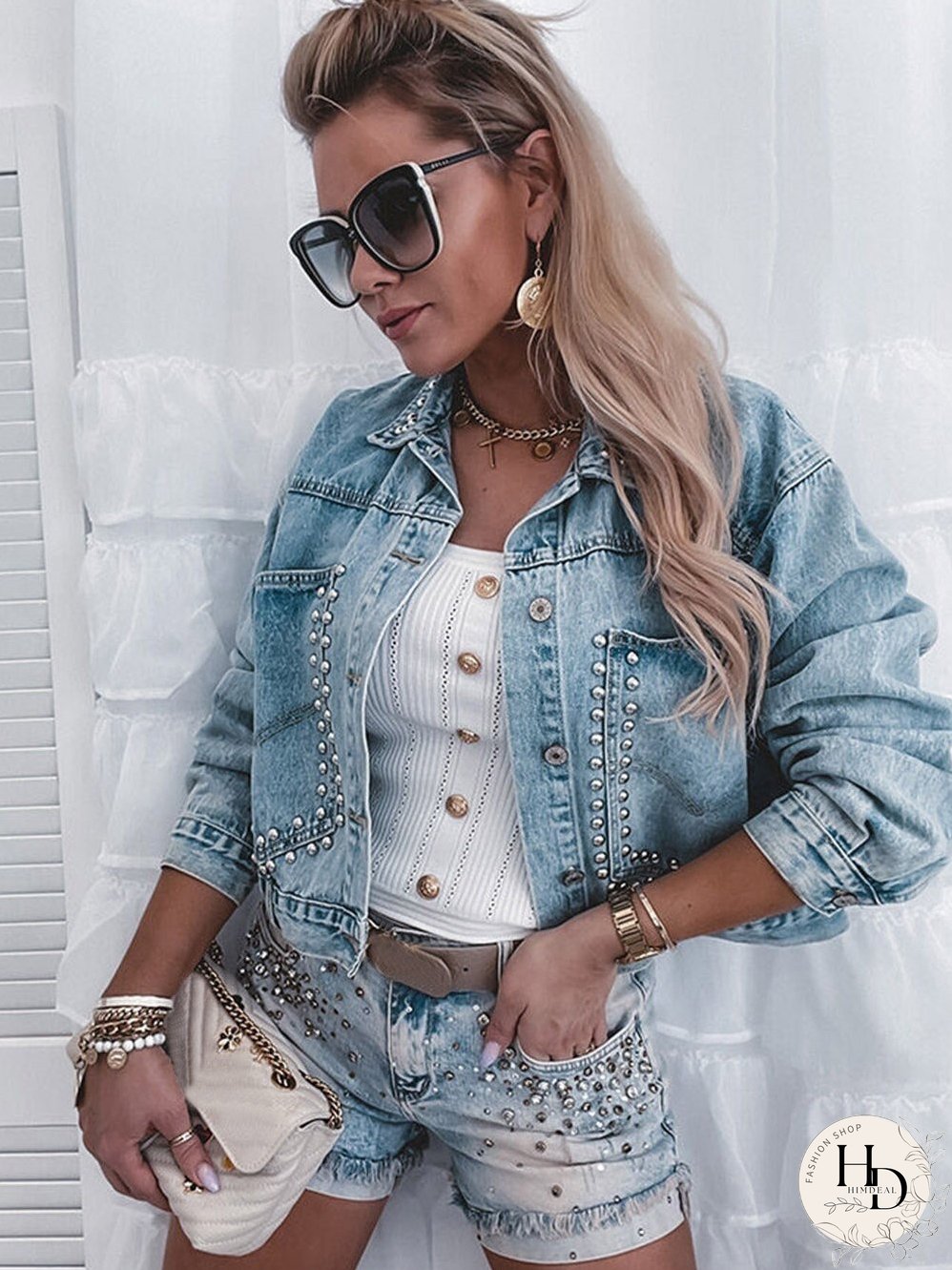 Sky Blue Rhinestone Embellished Denim Shacket