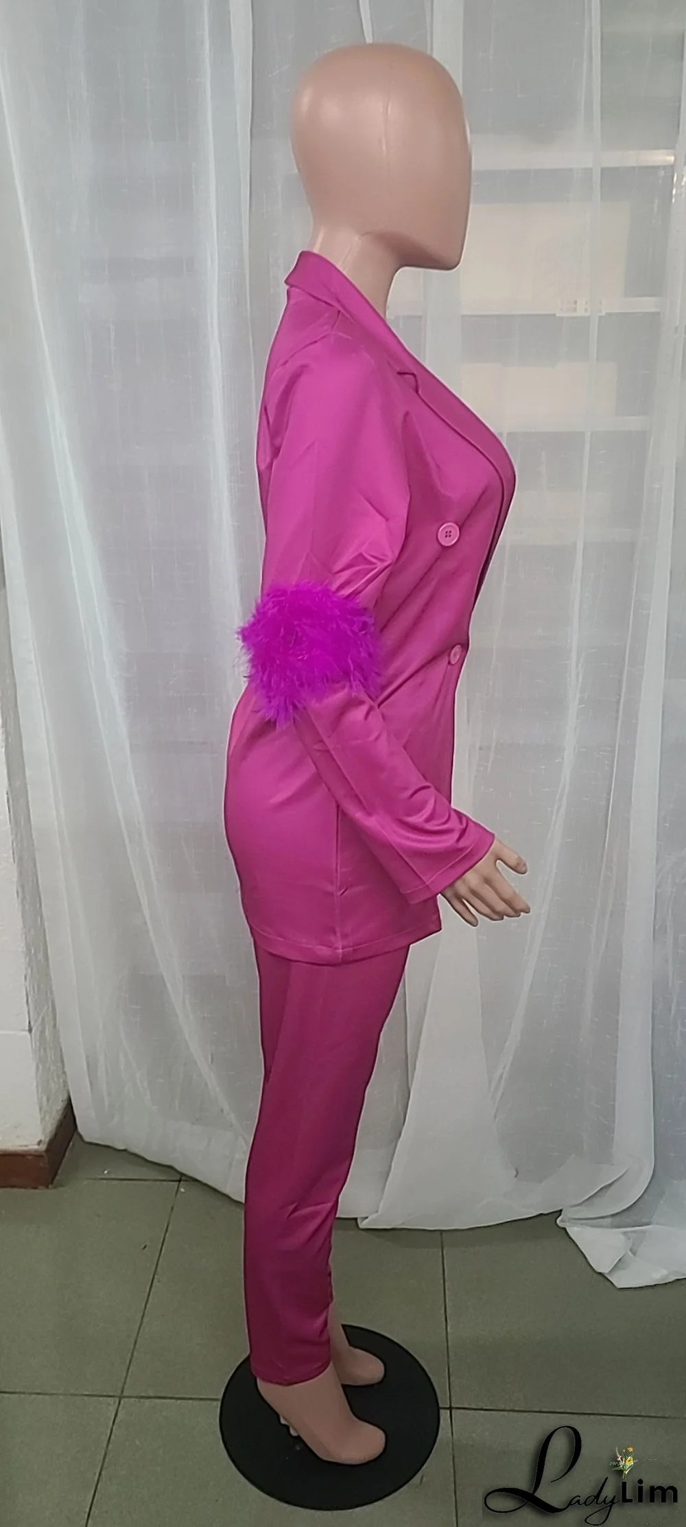 Fall Women Feather Blazer and Pant Two Piece