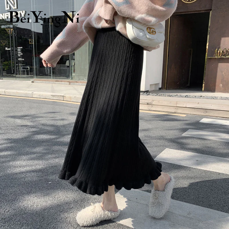 Beiyingni Knitted Skirt Women 2020 Autumn Winter Maxi Long Pleated Retro Spell Color Large Size Leisure Harajuku Skirt Fashion