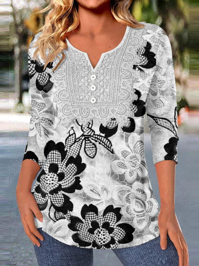 Women Long Sleeve V-neck Floral Printed Graphic Lace Button Tops