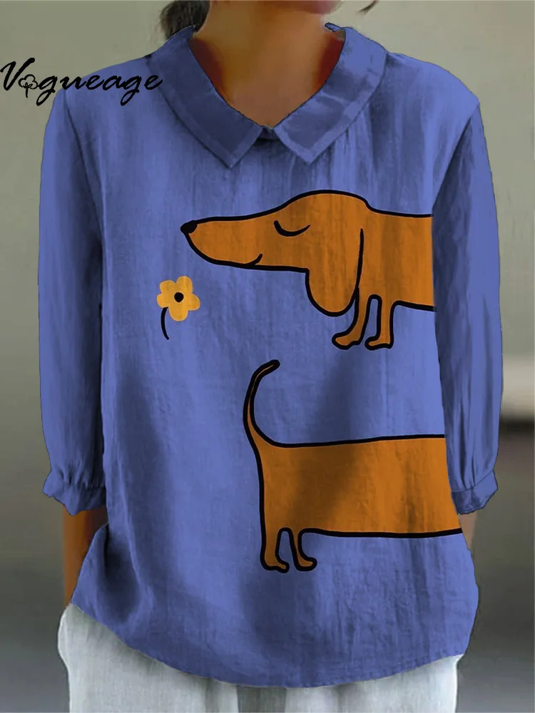 Stylish Childish Sausage Dog Print Women Doll Collar Shirt