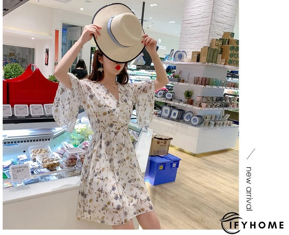 Spring Summer Chiffon Women V-Neck Floral Print Short Dresses Sweet Ruffle Sleeeve Slim Drawstring Ladies Dress | IFYHOME
