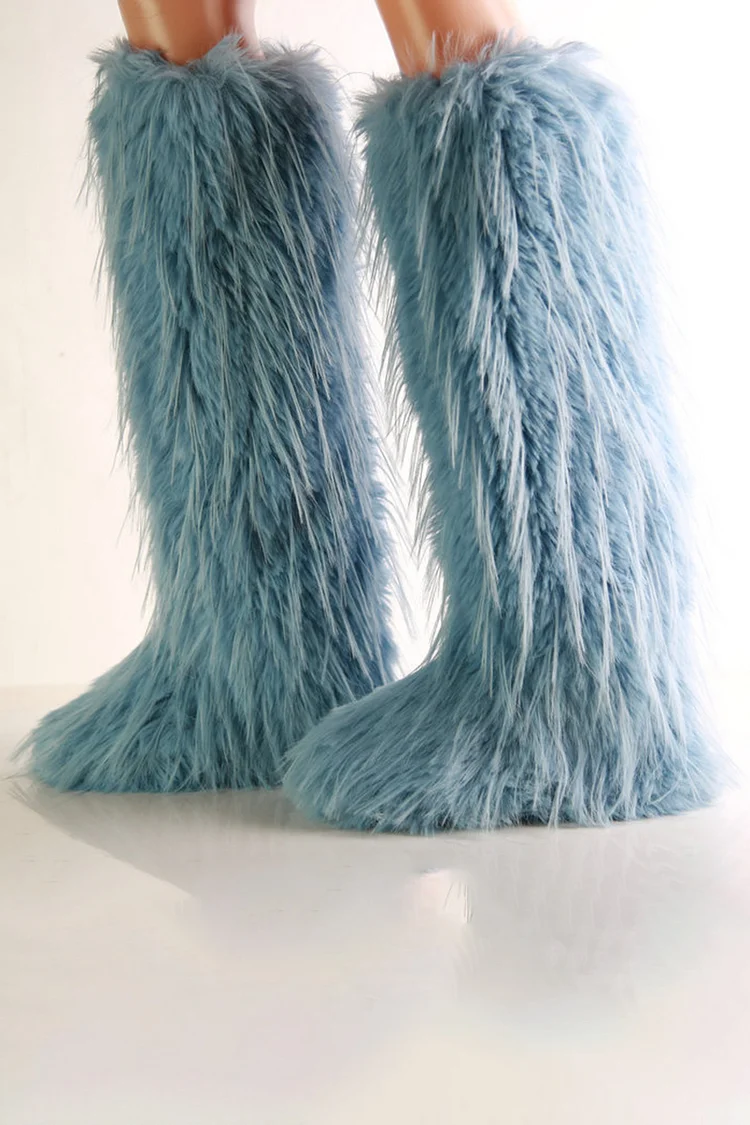 Solid Color Faux Fur Round Toe Pull On Fluffy Knee High Boots
