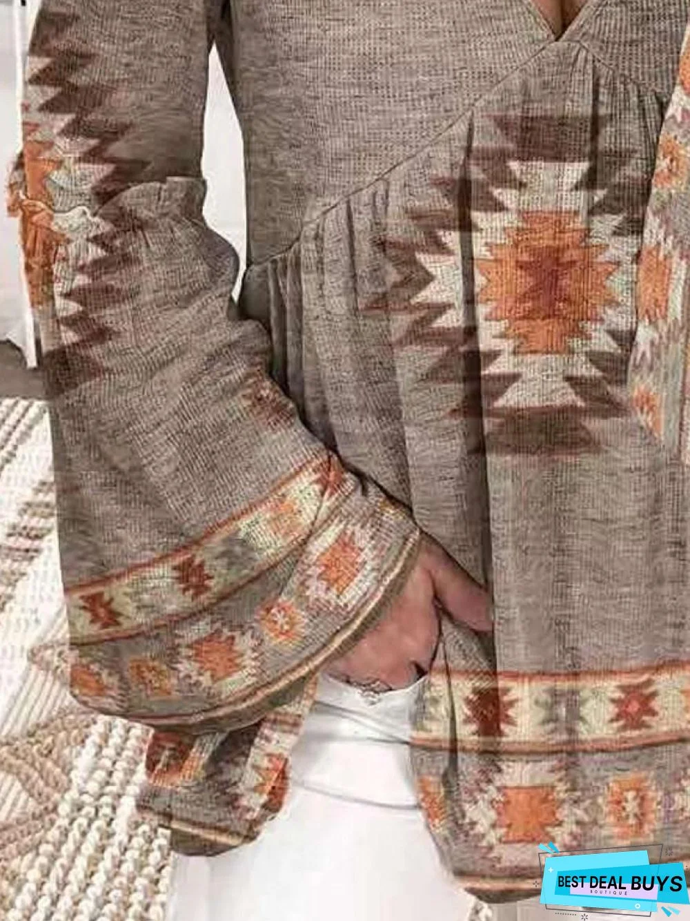 Casual V-Neck Vintage Print Flare Sleeve Loose Blouse