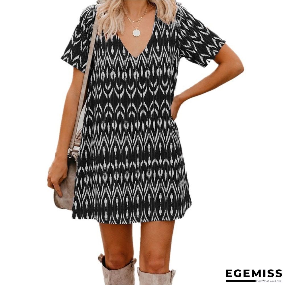 Spring/Summer Loose Short SleeveS V-Neck Print Dress Women'S Wear | EGEMISS