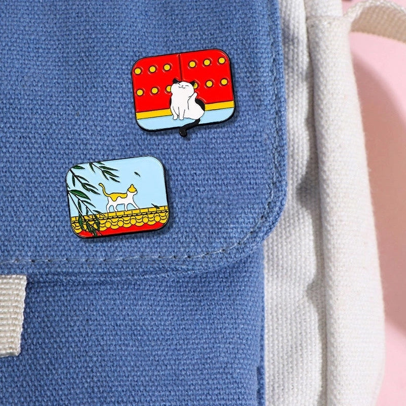 Cartoon Style Oil Painting Cat Landscape Alloy Stoving Varnish Plating Kid’S Unisex Brooches Collar Pin