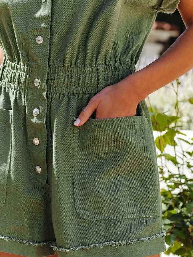 Uveng Uveng Women's New Solid Color Collar Short Sleeve Single-D Row Pocket Straight Shorts Jumpsuit