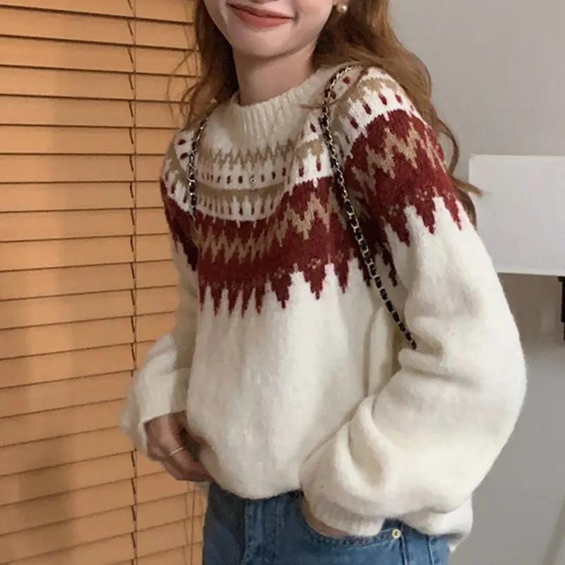 Churchf Churchf Photo 2024 Korea Retro Lazy Wind Jacquard Pop Loose Knit Round Collar Over Red Sweater
