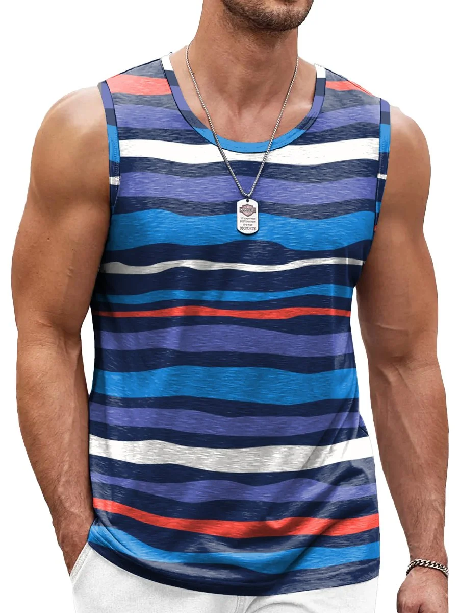 Blue Wavy Stripes Print Crew Neck Tank Top