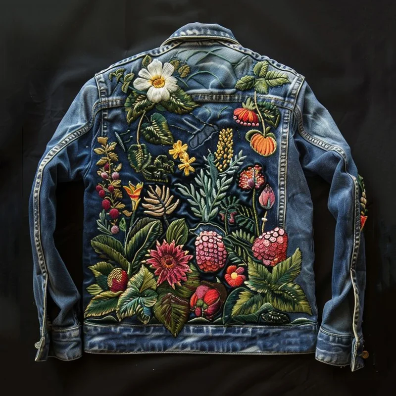 Women's Casual Embroidered Floral Print Denim Jacket