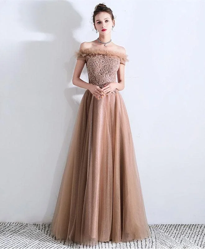 Champagne Tulle Lace Long Prom Dress, Tulle Evening Dress