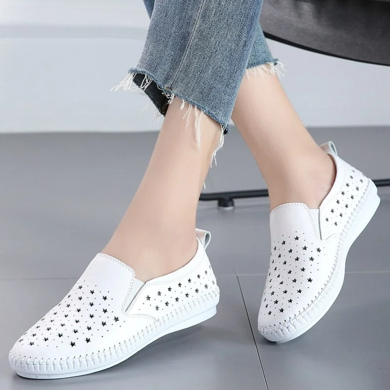 Women's Flats Shoes 2021 Spring Genuine Leather Loafers Black White Sneakers Women Shoes Slip On Shoes Tenis summer ballet flats