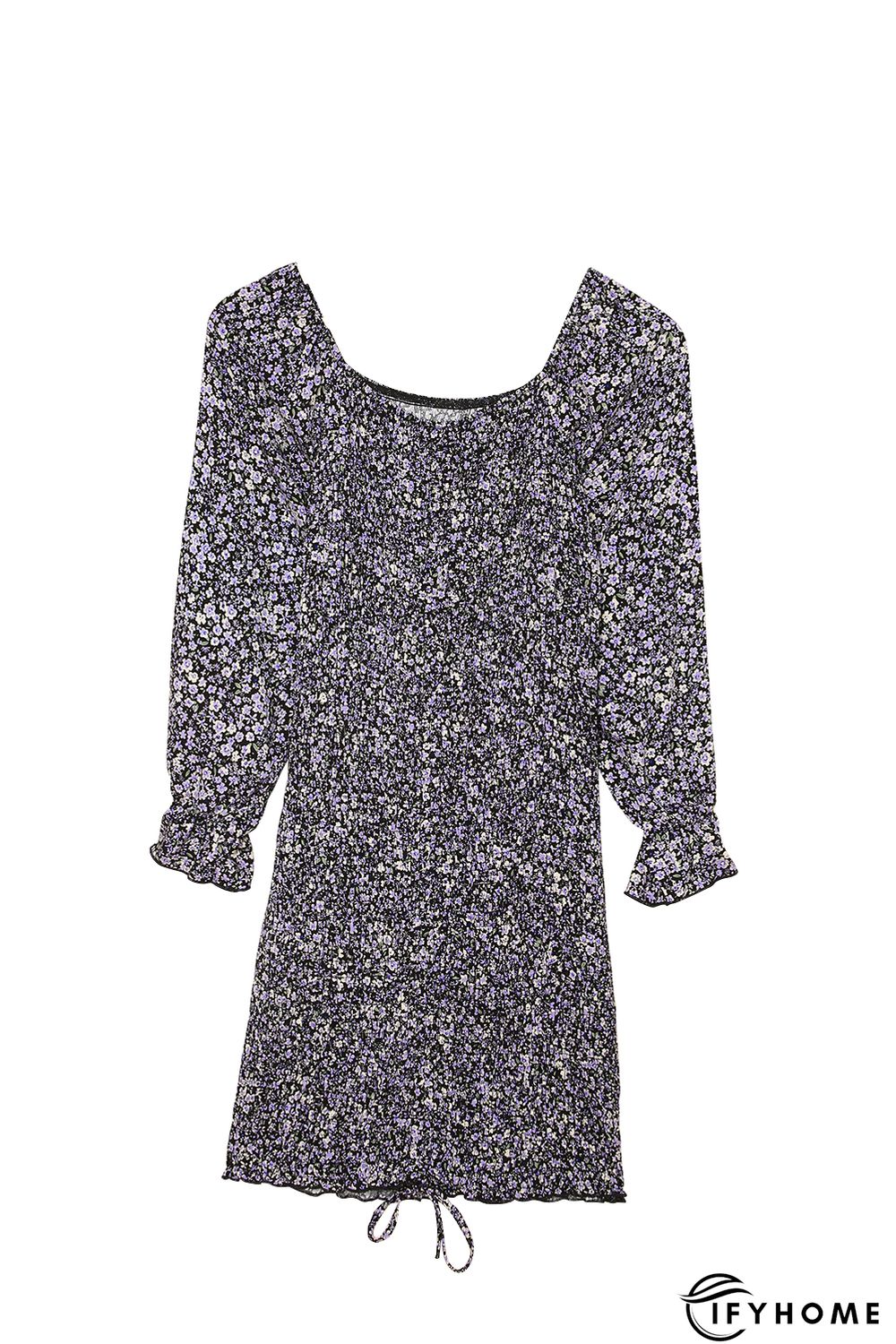Purple Floral Print Shirred Slim-fit Long Sleeve Mini Dress | IFYHOME
