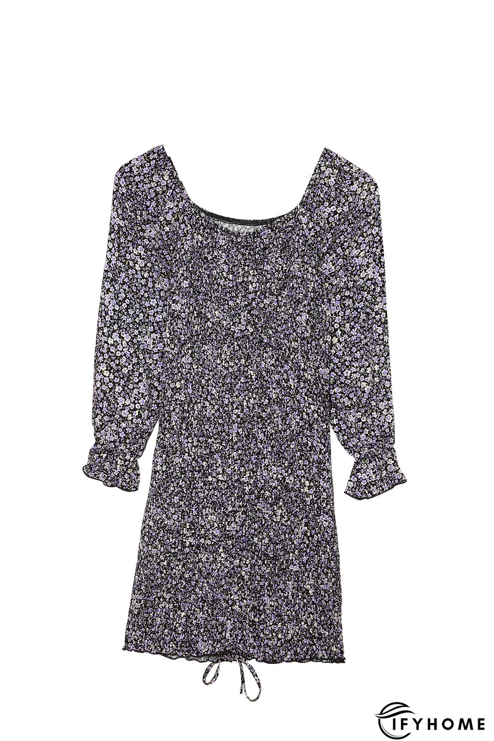 Purple Floral Print Shirred Slim-fit Long Sleeve Mini Dress | IFYHOME