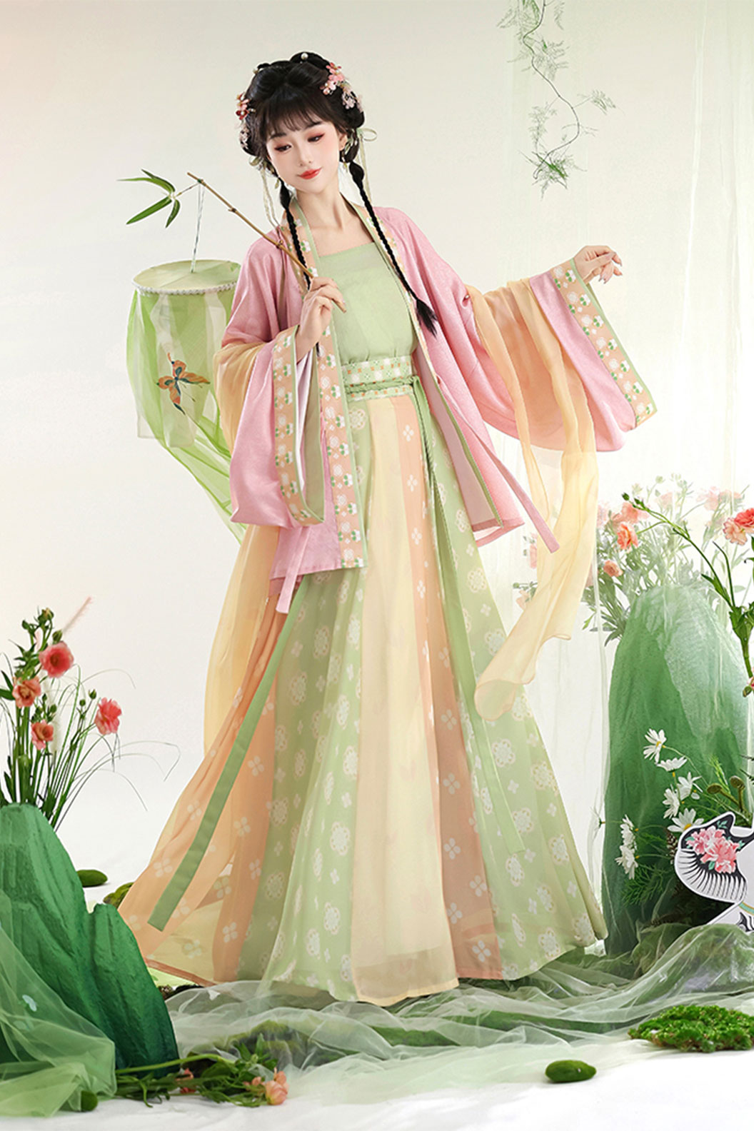 Wei Jin Dynasty Pink Hanfu Dress with Qiyao Po Skirt and Restoration Style - zhichun 知春 Stupa Stones