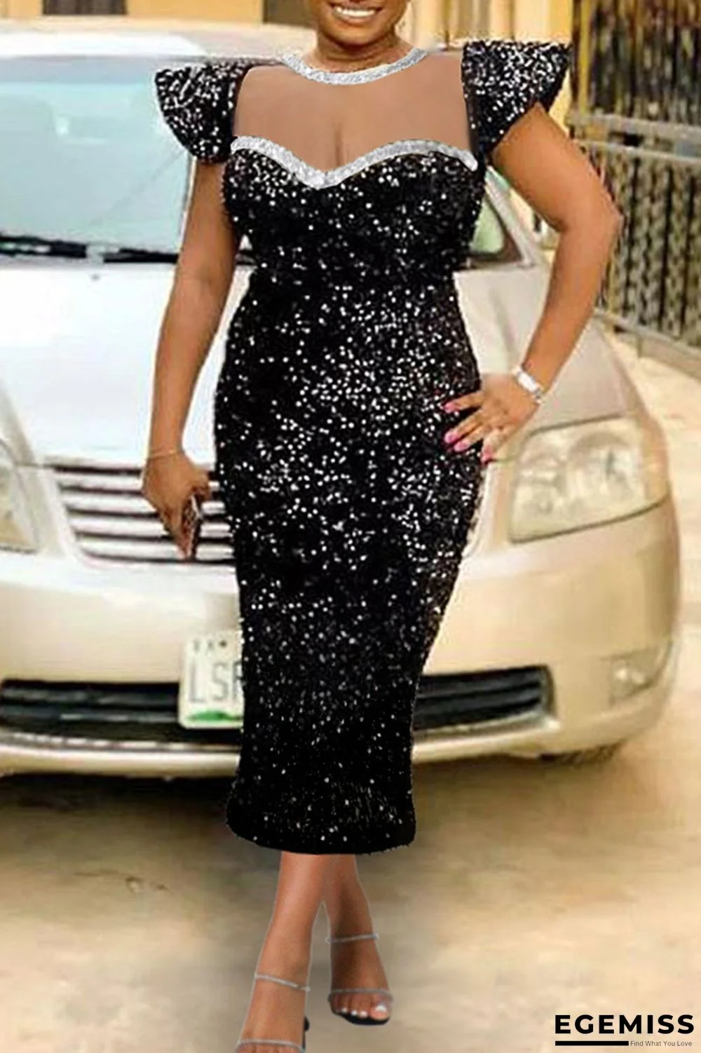 Black Elegant Solid Sequins Patchwork O Neck Evening Dress Dresses | EGEMISS