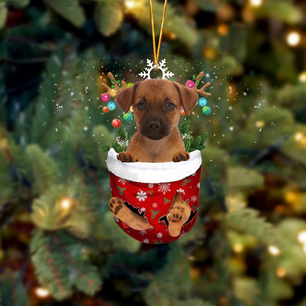 Brown Jack Russell In Snow Pocket Christmas Ornament 01.