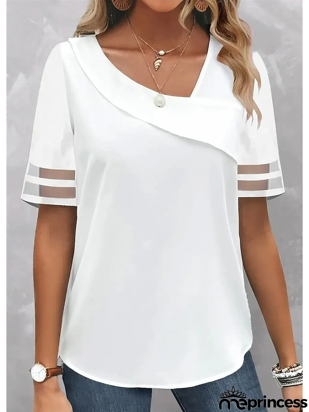 Women's Shirt Blouse Plain Casual Black White Mesh Short Sleeve Elegant Fashion Basic V Neck Regular Fit