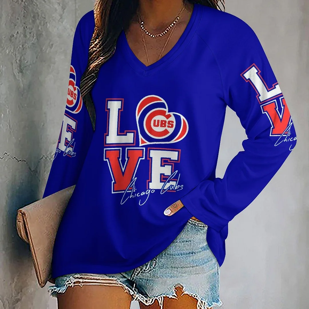 V-neck Long Sleeve Casual T-shirt for  Women and Men Printed with Pattern,Blue,Red