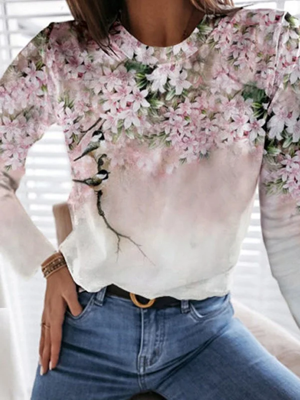 Floral Print Women's Crew Neck Long-sleeved T-shirt