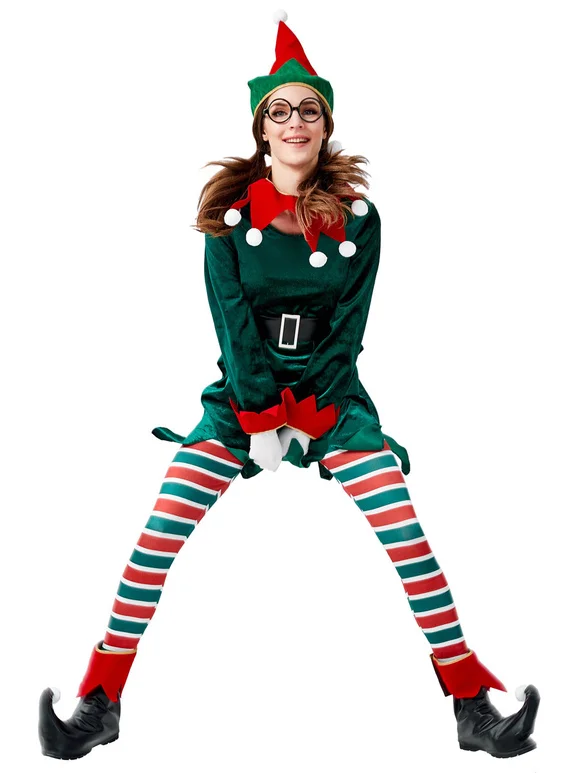 Women Christmas Elf Set Green Performance Adult Costume Novameme