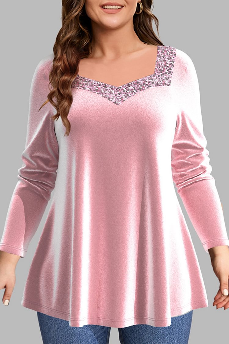 Flycurvy Plus Size Casual Pink Velvet Sequin Sparkly Patchwork Square Neck Blouse  flycurvy [product_label]