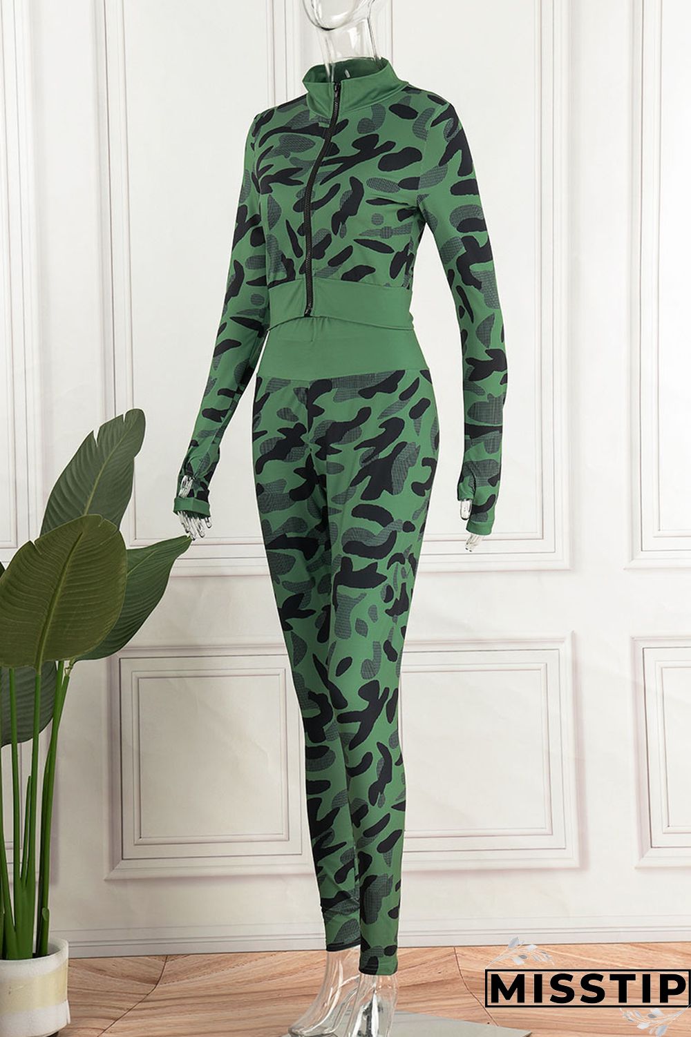 Blue Casual Camouflage Print Patchwork Zipper Long Sleeve Two Pieces