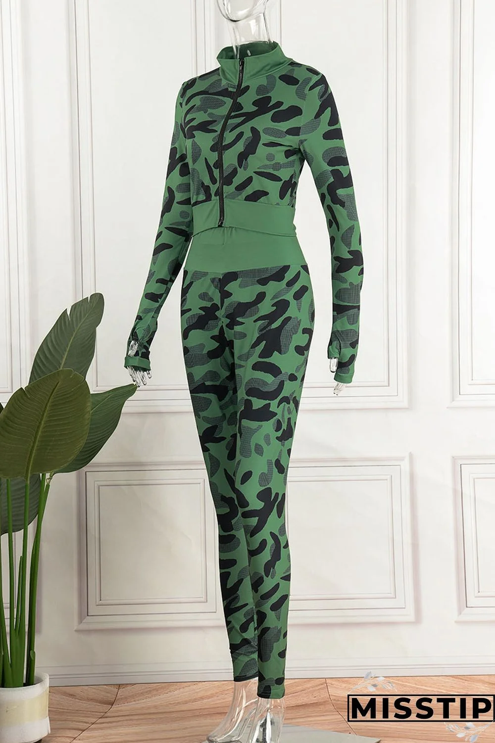 Blue Casual Camouflage Print Patchwork Zipper Long Sleeve Two Pieces