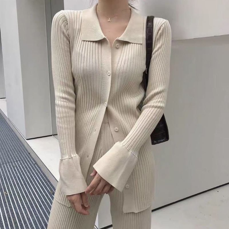 Elegant Knitted Two Piece Set Women Ribbed Zipper Flare Sleeve Shirts Tops And Elastic Waist Flare Pants Suit Slim Female Outfit