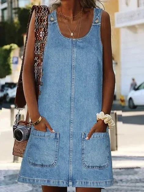 Denim fabric Shift Sleeveless Dresses 