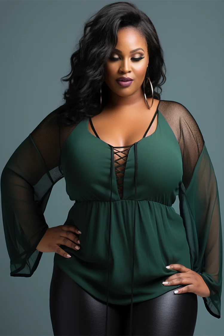 Xpluswear Design Plus Size Daily Green V Neck Long Sleeve Lace Up See Through Mesh Blouses [Pre-Order]
